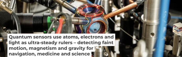 This device measures acceleration and rotation by shining lasers into small clouds of rubidium atoms. Sandia National Laboratories